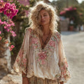 Vintage Pink Rose V-neck Long Sleeve Shirt elevenforest