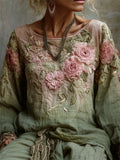 Vintage Pink Roses Forest Gradient Linen Tunic elevenforest