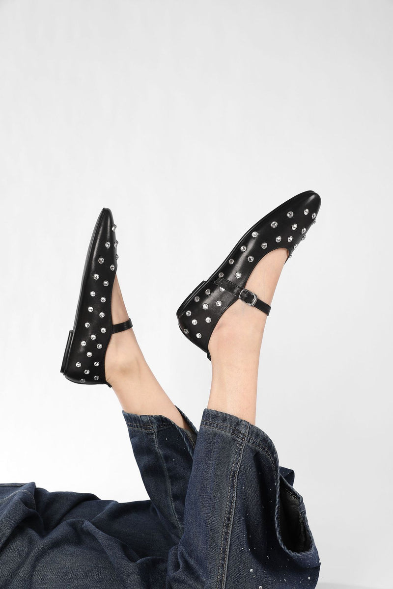 Studded Rhinestones Mary Jane One-line Buckle Ballet Flats