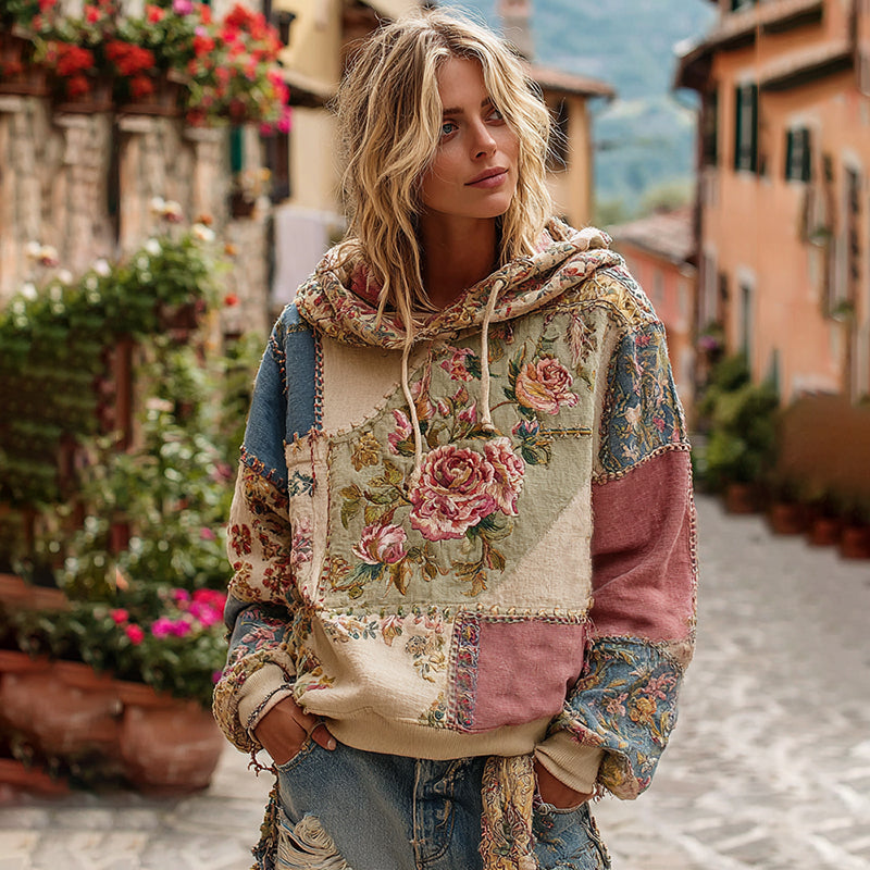 Women's Bohemian Floral And Rose Patchwork Cozy Warm Hoodie elevenforest