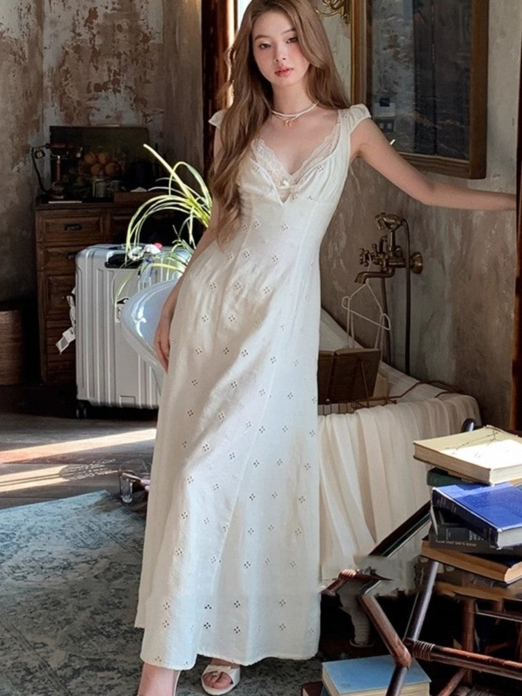 New Summer Hollow Out Midi Dress V-neck Vocation French Style White Dress Korean Slim Vestidos