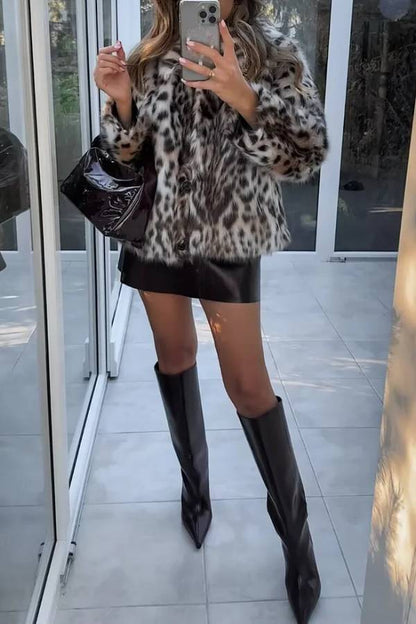 Leopard Print Faux Fur Turndown Collar Fuzzy Coat-brown