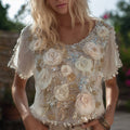 Bohemian Light Rose Retro White Short Sleeved Top elevenforest