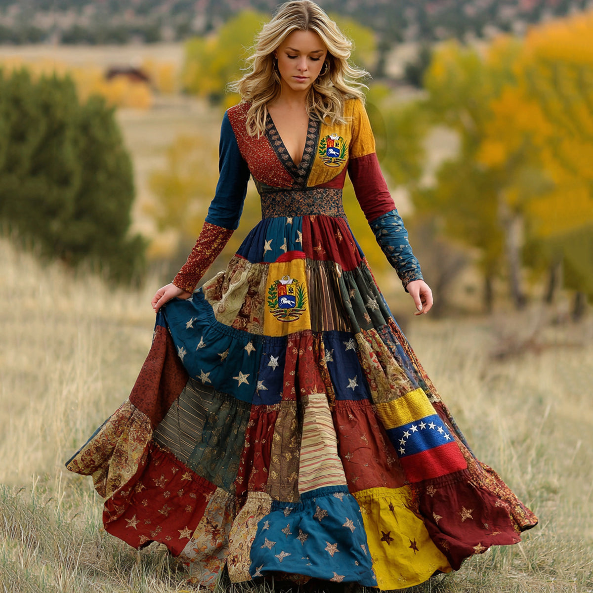 Women's  Venezuela Flag Floral Patchwork Art Comfy Linen V-neck Dress elevenforest