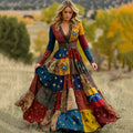 Women's  Venezuela Flag Floral Patchwork Art Comfy Linen V-neck Dress elevenforest