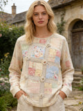 Boho Floral Vintage Patchwork Pattern Women's Linen Long Sleeve Shirt elevenforest