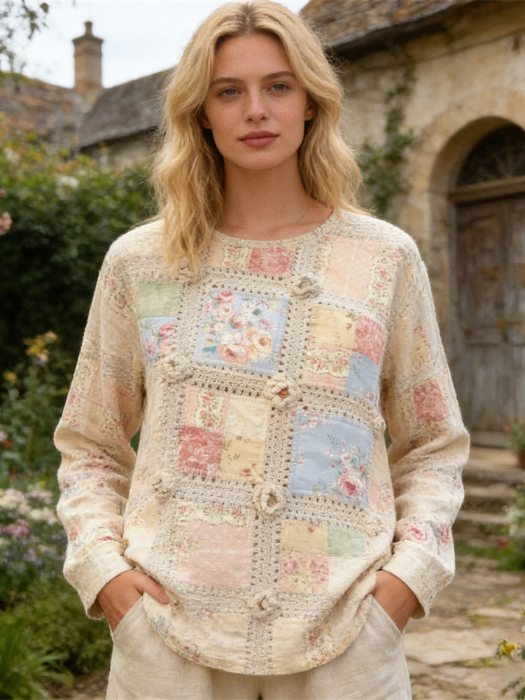 Boho Floral Vintage Patchwork Pattern Women's Linen Long Sleeve Shirt elevenforest