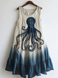 Vintage Octopus Pattern Linen Blend Tie-dye Dress elevenforest