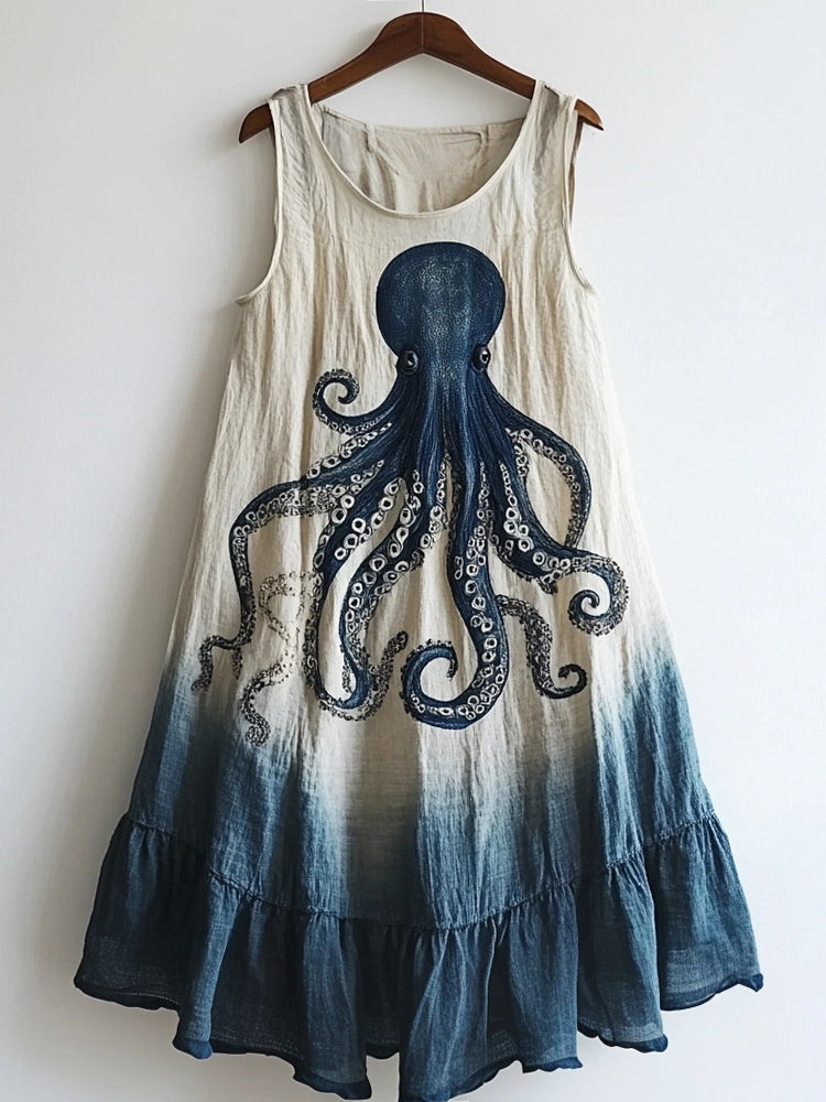 Vintage Octopus Pattern Linen Blend Tie-dye Dress elevenforest