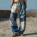 Floral Lace Japanese Sashiko Patchwork Flowy Linen Pants elevenforest
