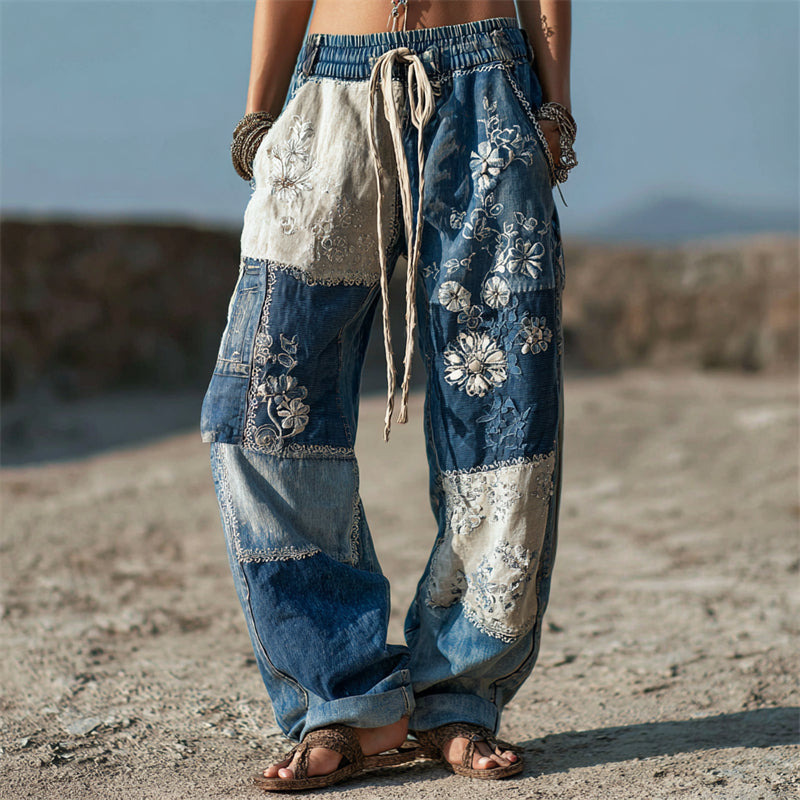 Floral Lace Japanese Sashiko Patchwork Flowy Linen Pants elevenforest