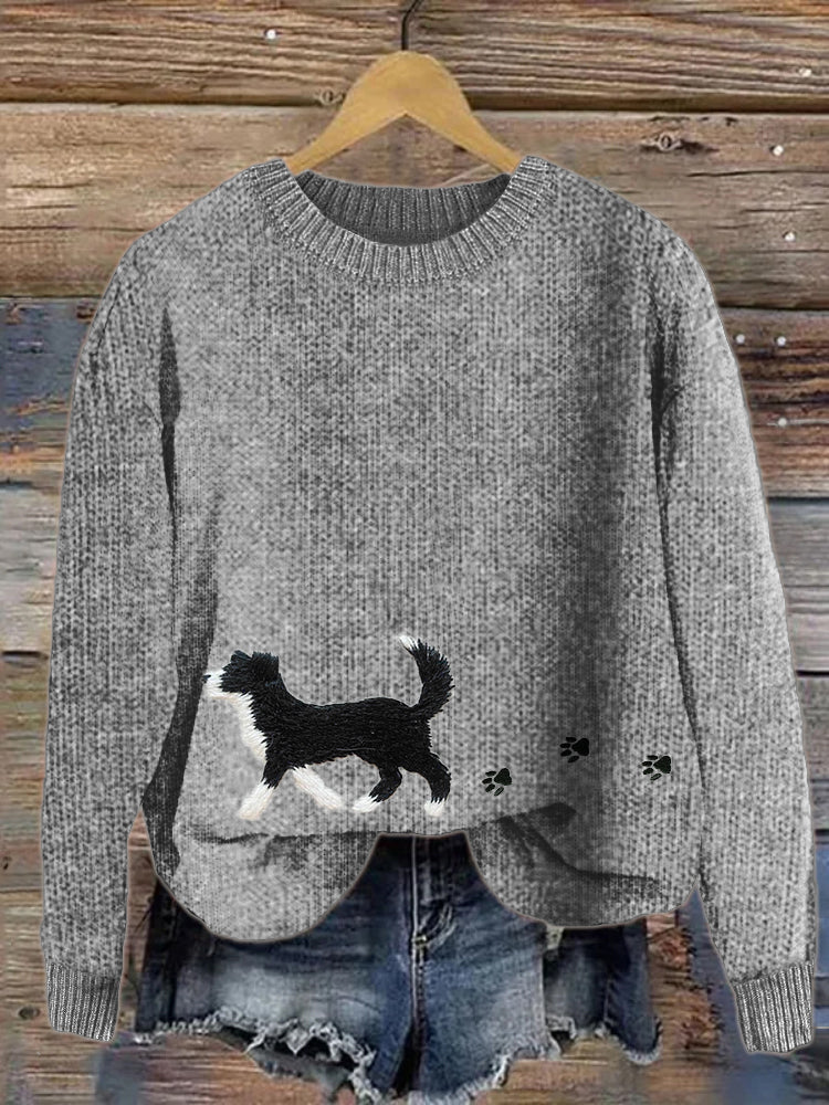 Comstylish Border Collie & Paw Prints Embroidered Cozy Sweater