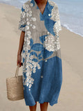 Vintage Blue Blossom Printed V Neck Casual Midi Dress