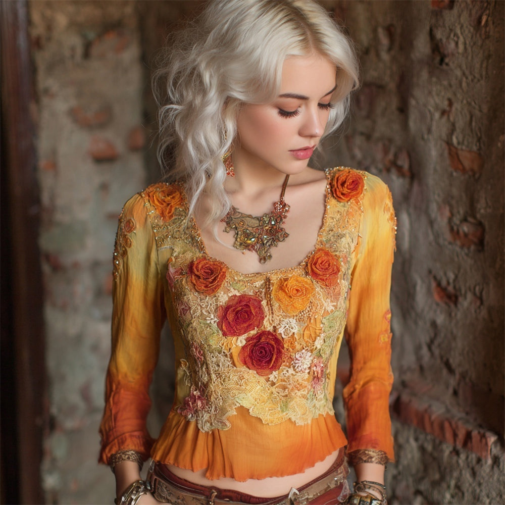 Autumn Floral Vintage Lace Patchwork Art Women's Long Sleeve Top elevenforest