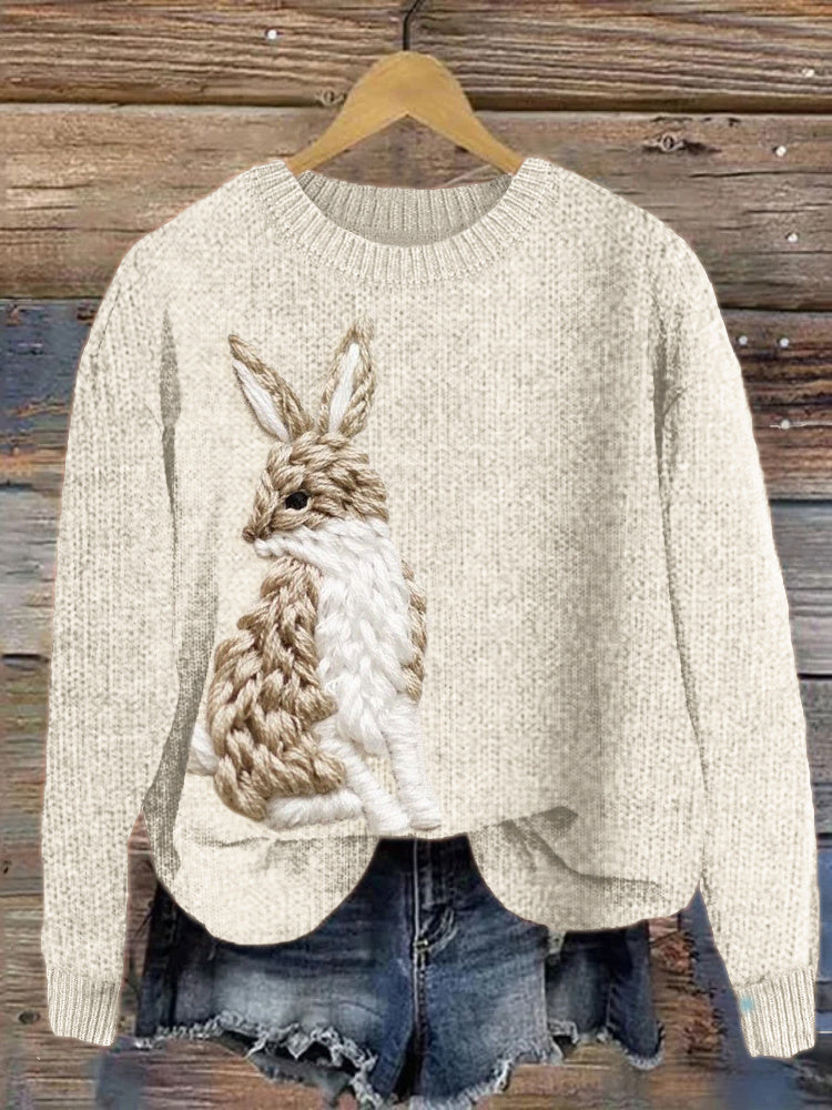 Lively Hare Embroidery Pattern Cozy Knit Sweater artswardrobe
