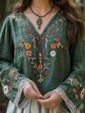 Vintage Boho Floral Embroidered Linen Blend Cozy Tunic elevenforest