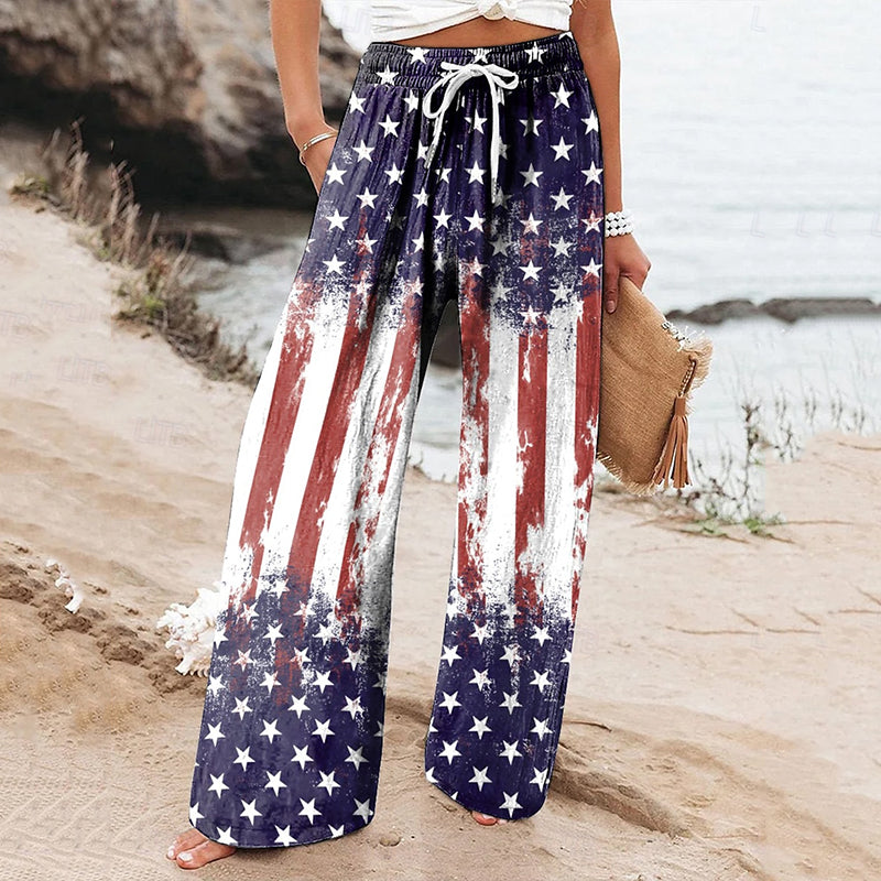 Comstylish Women's Vintage Independence Day Flag Print Wide Leg Pants