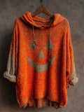 Halloween Pumpkin Face Glitter Sequins Bleached Cozy Knit Hooded Sweater artswardrobe