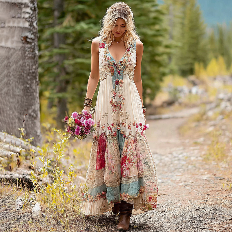 Women's Retro Floral Sleeveless Long Dress elevenforest