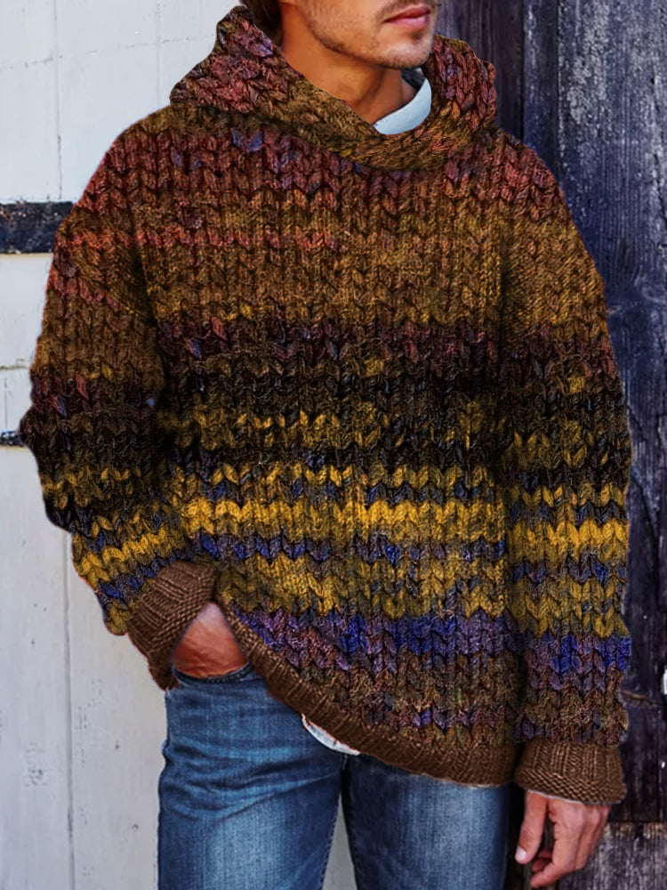 Men's Vintage Colorful Crochet Art Cozy Hooded Sweater elevenforest