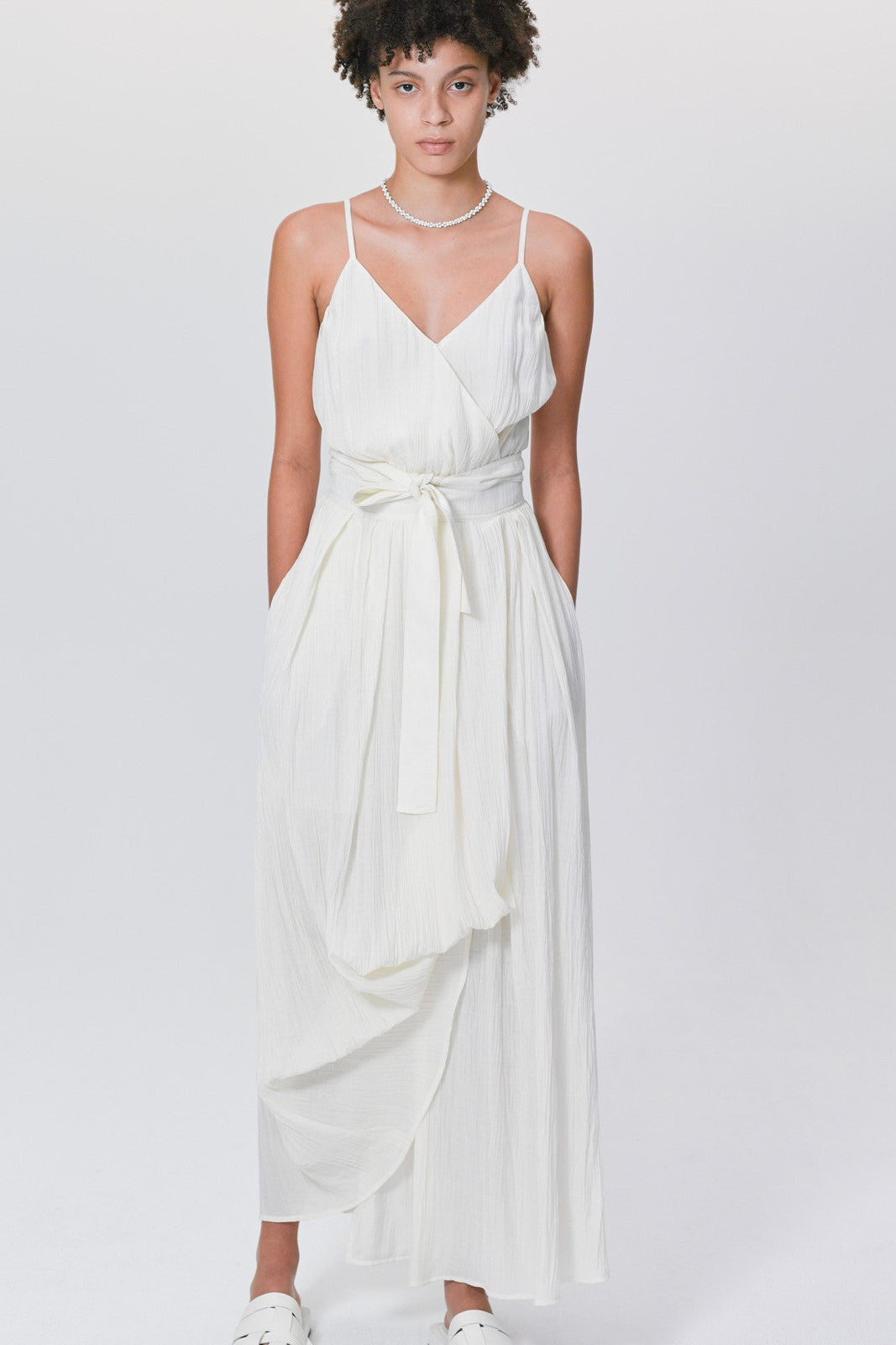 Wrapover Lace Up Cami Maxi Dress Beige
