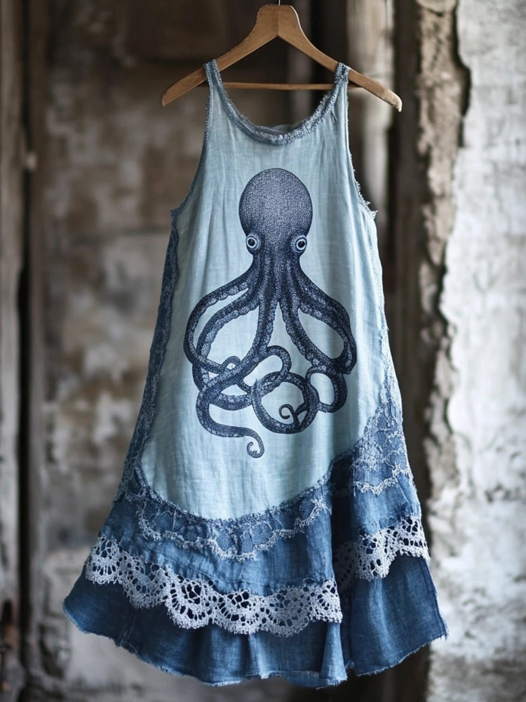 Octopus Pattern Lace Patchwork Linen Blend Dress elevenforest