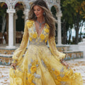 Women's Vintage Three-dimensional Yellow Rose V-neck Long-sleeved Dress elevenforest