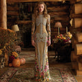 Vintage Mexican Day Of The Dead Skeleton Bones Embroidery Flowers Cozy Velvet Maxi Dress elevenforest