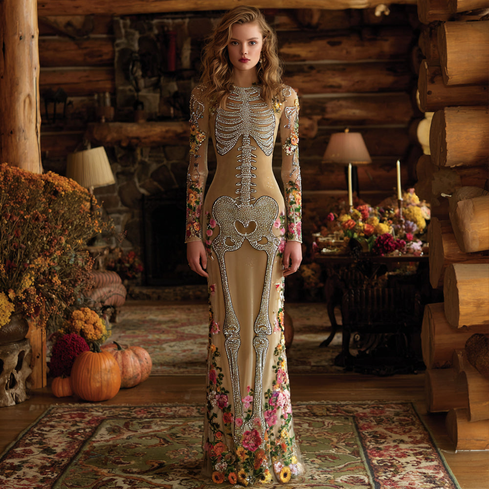 Vintage Mexican Day Of The Dead Skeleton Bones Embroidery Flowers Cozy Velvet Maxi Dress elevenforest