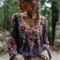 Bohemian Style Round Neck Long Sleeve 3d Purple Flower Design Cotton And Linen Top For Women elevenforest