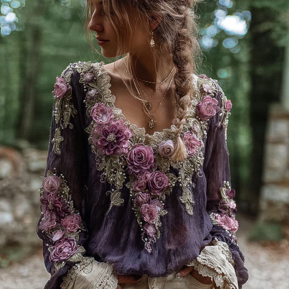 Bohemian Style Round Neck Long Sleeve 3d Purple Flower Design Cotton And Linen Top For Women elevenforest