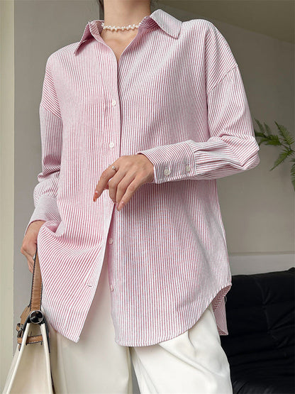Urban Loose Striped Lapel Collar Blouses&shirts Tops