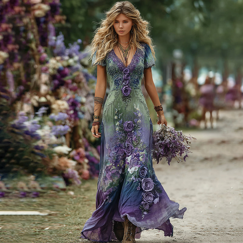 Vintage Green And Purple Lavender And Floral Embroidered Art Linen Maxi Dress elevenforest