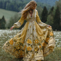Women's Yellow Floral Art Print V-neck Long Sleeve Maxi Dress elevenforest