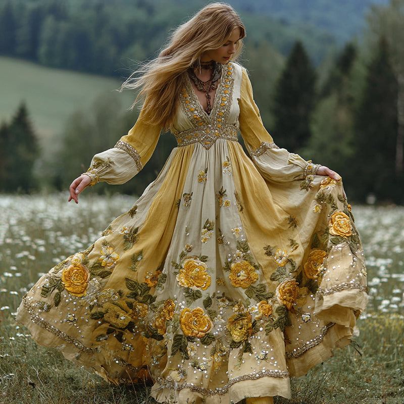 Women's Yellow Floral Art Print V-neck Long Sleeve Maxi Dress elevenforest