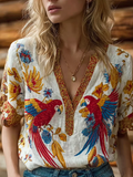 Bohemian Style Flower And Bird Pattern Women's V-neck Short-sleeved Top elevenforest