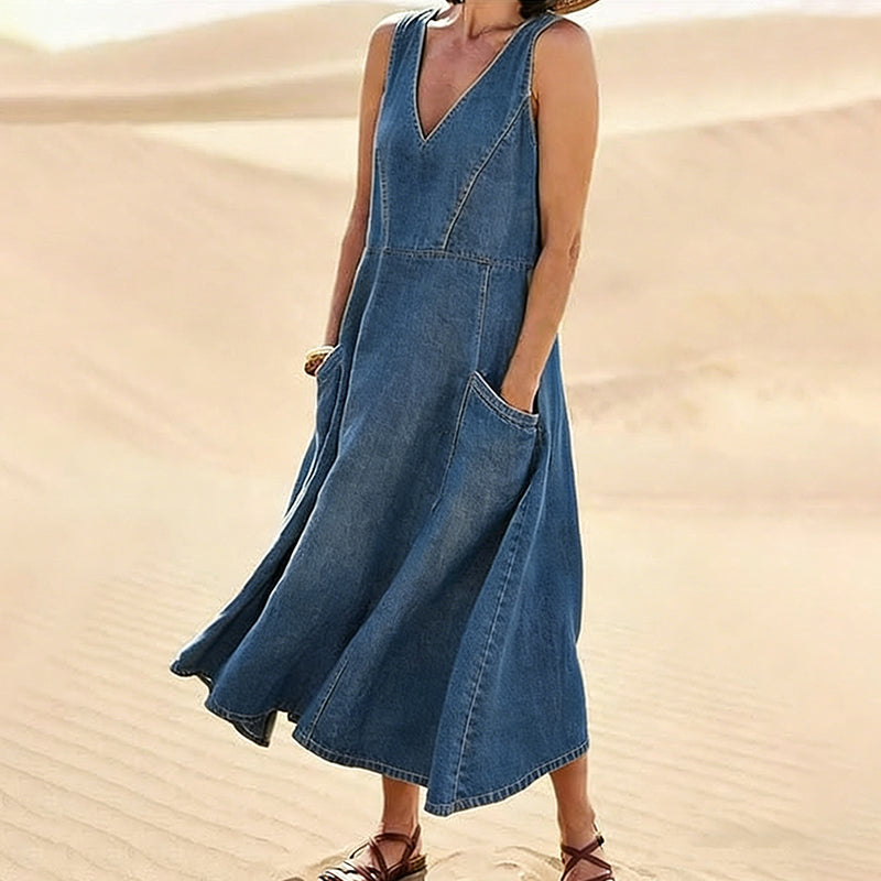 Women's Solid Color Geometric Casual Sleeveless V-neck Dress elevenforest