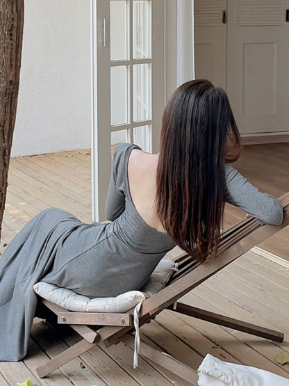 ‘s Maxi Dress Korean Long Sleeve V-neck Slim Fit A-line Autumn Spring Prom Robe Vestidos Mujer New