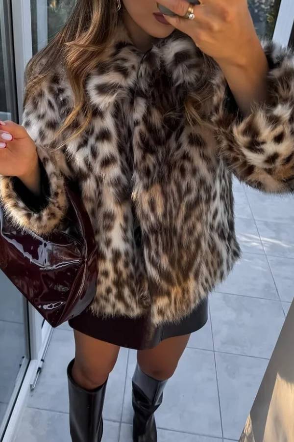Leopard Print Faux Fur Turndown Collar Fuzzy Coat-brown