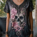 Skull & Pink Flowers Beaded Dyed V Neck T Shirt elevenforest