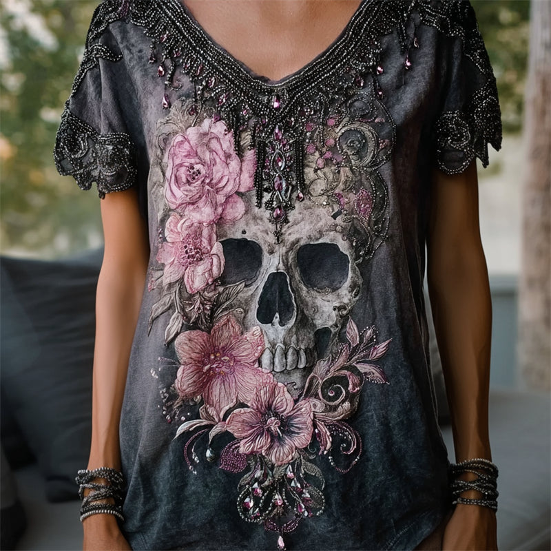 Skull & Pink Flowers Beaded Dyed V Neck T Shirt elevenforest