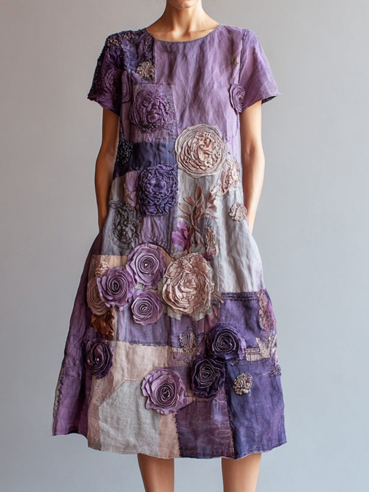 Vintage Purple Roses Embroidered Patchwork Linen Midi Dress elevenforest