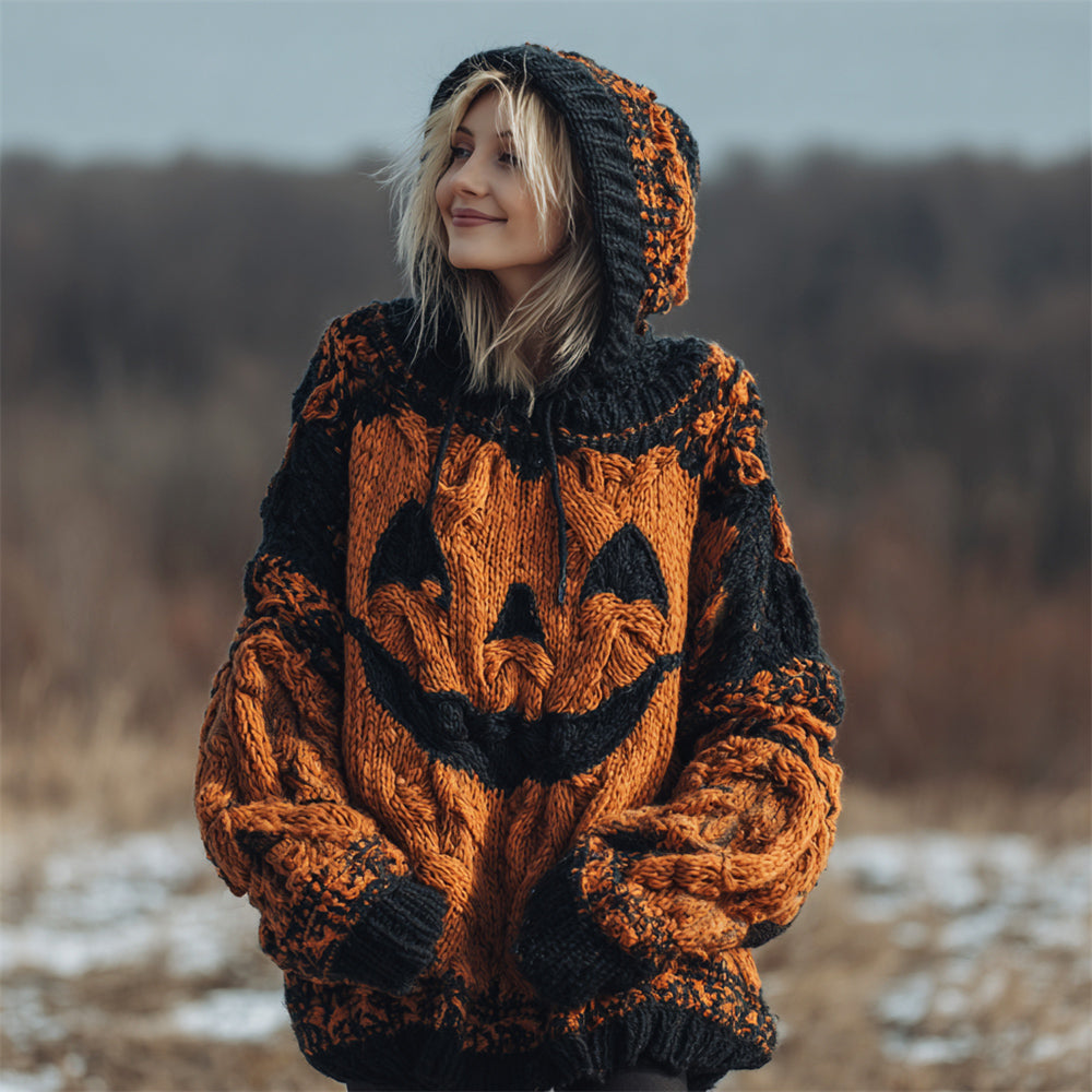 Halloween Spooky Pumpkin Women's Chunky Knit Hooded Sweater artswardrobe
