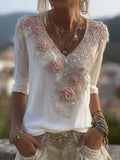 Boho Pink Floral Lace V Neck Comfy Linen Tunic elevenforest