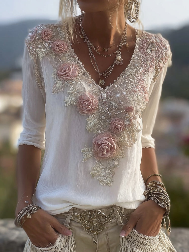 Boho Pink Floral Lace V Neck Comfy Linen Tunic elevenforest