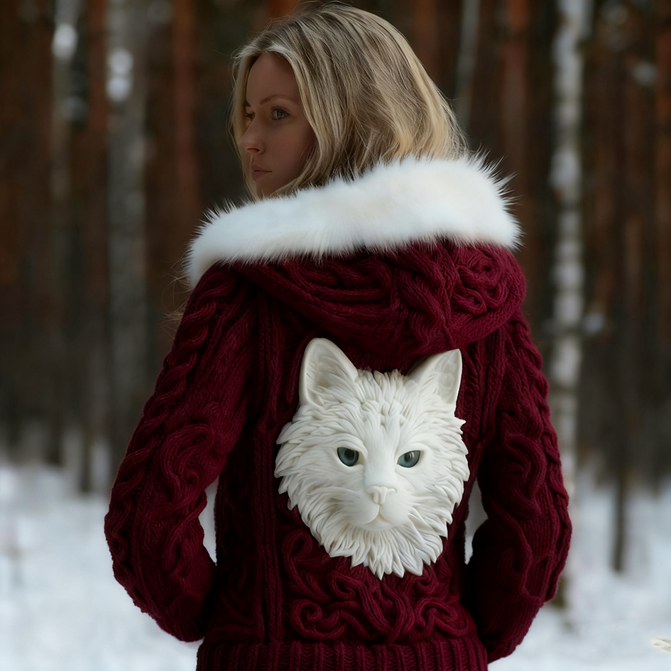 Comstylish Viking Retro Cat Design Women's Hooded Knit Sweater Jacket