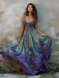 Vintage Floral Embroidered Purple Gradient Flowy Linen Maxi Dress elevenforest