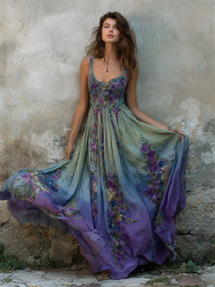 Vintage Floral Embroidered Purple Gradient Flowy Linen Maxi Dress elevenforest