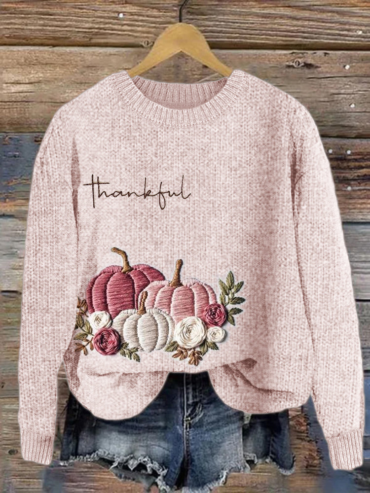Thanksgiving Thankful Pink Pumpkins Floral Embroidered Cozy Sweater artswardrobe