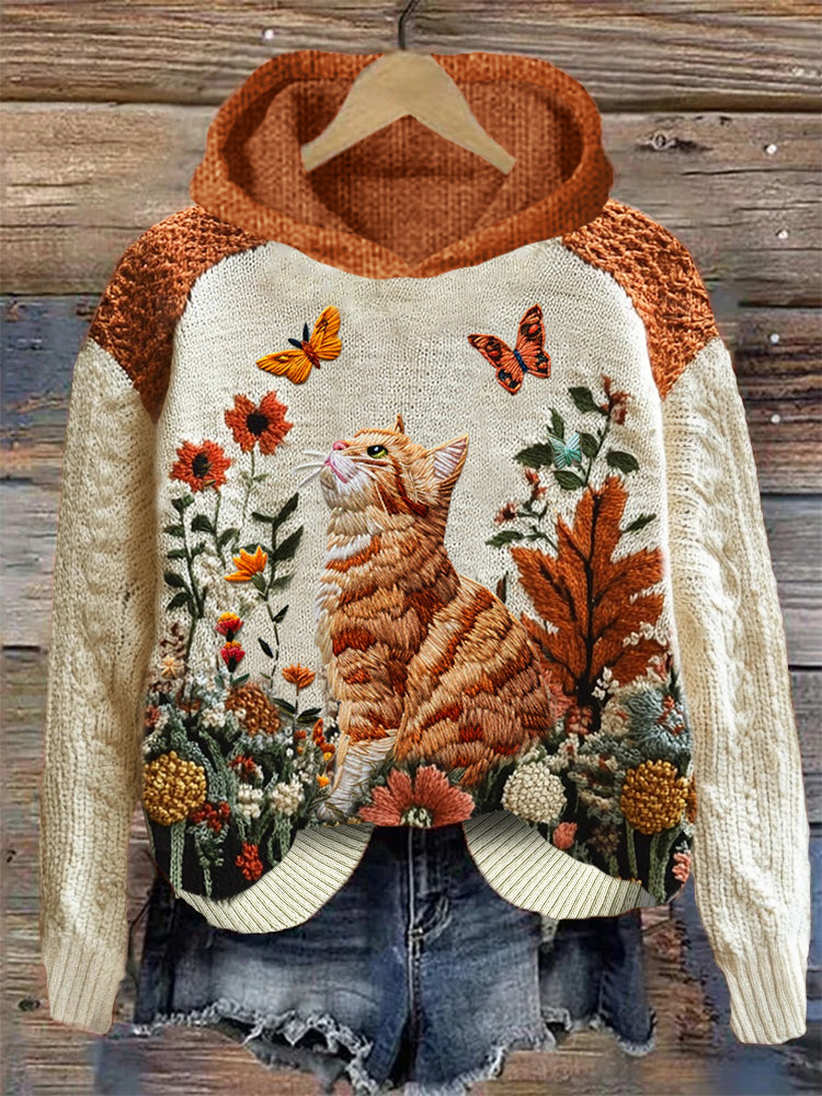 Comstylish Orange Cat Fall Floral Embroidered Cozy Knit Hooded Sweater